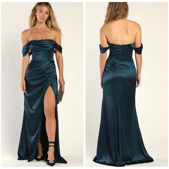 NWT Lulus - S Stunning Arrival Dark Teal Satin Off-The-Shoulder Maxi Dress - Picture 1 of 8
